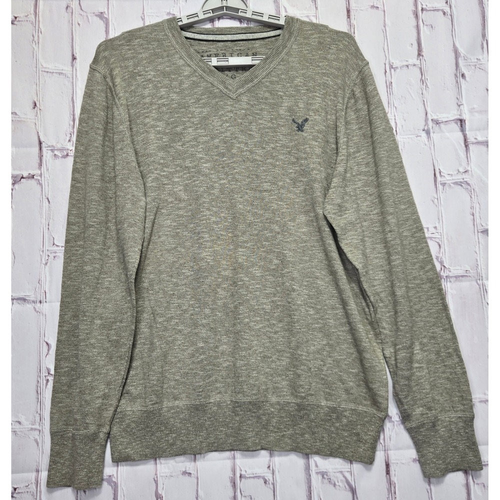 American Eagle Sweater Beige Creme V-Neck Cotton Knit Pullover Logo Mens Large